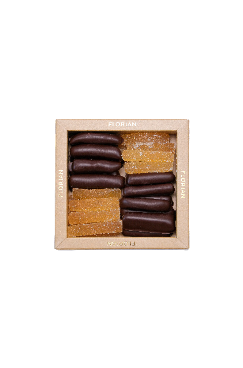 Boite de gingembre confit au sucre et au chocolat noir - Confiserie Florian
