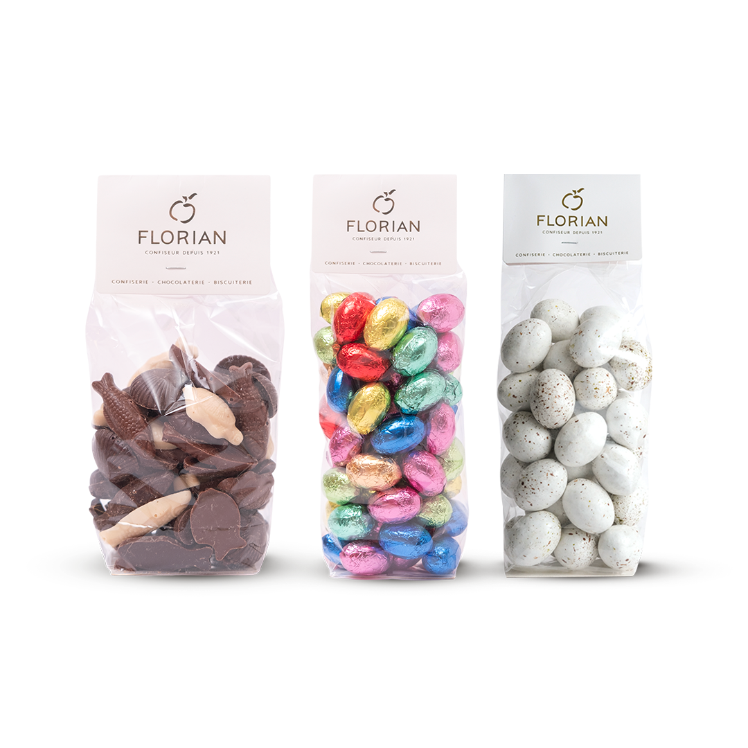 Colis spécial chausse aux œufs de Pâques - Fritures en chocolat - Œufs de mouettes - œufs en chocolat fourrés - Confiserie Florian