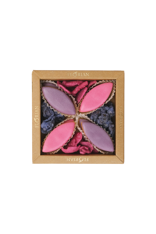 Boîte calissons à la rose et à la violette et fleurs cristallisées - Confiserie Florian