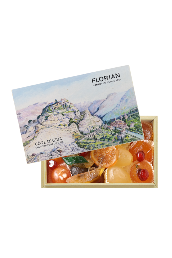 coffret cadeau fruits confits boite en bois décor Gourdon - Confiserie Florian