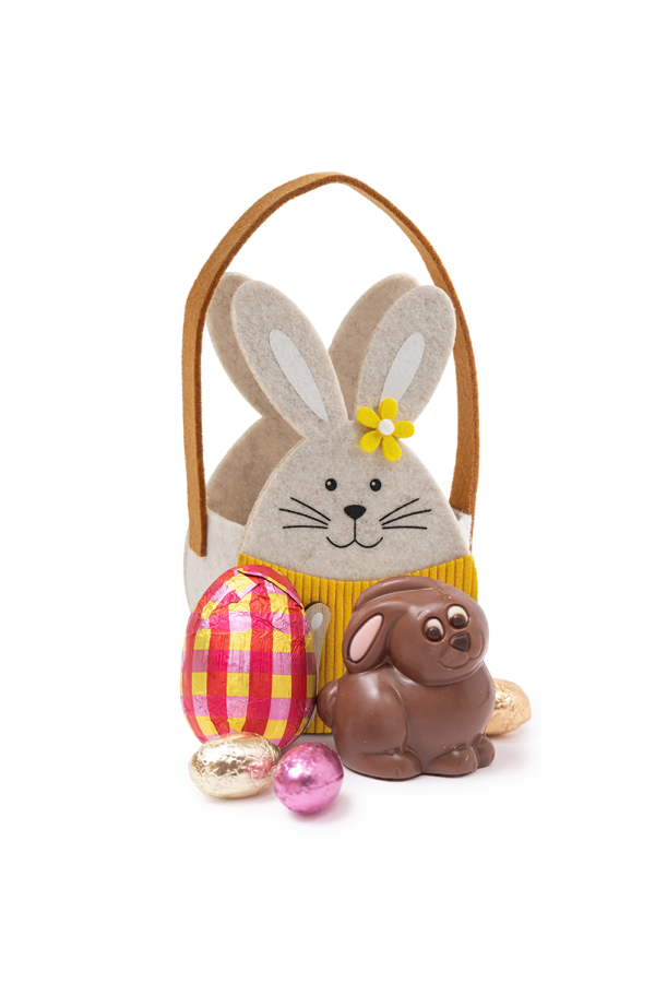 Pochon lapin de Pâques - sujet en chocolat et œufs en chocolat