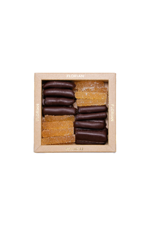 Boite de gingembre confit au sucre et au chocolat noir - Confiserie Florian