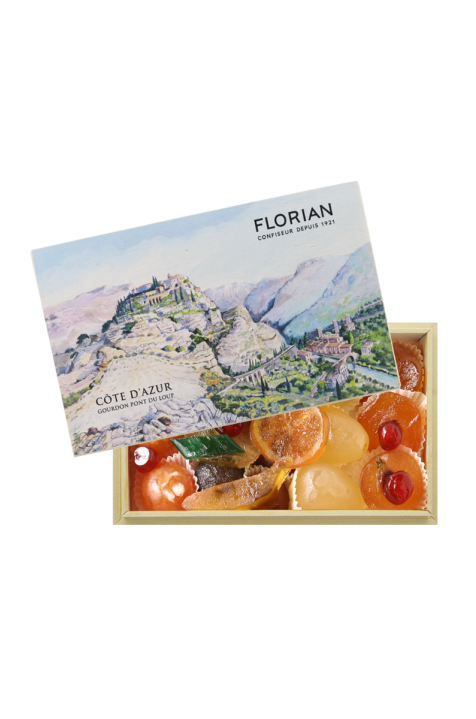 coffret cadeau fruits confits boite en bois décor Gourdon - Confiserie Florian