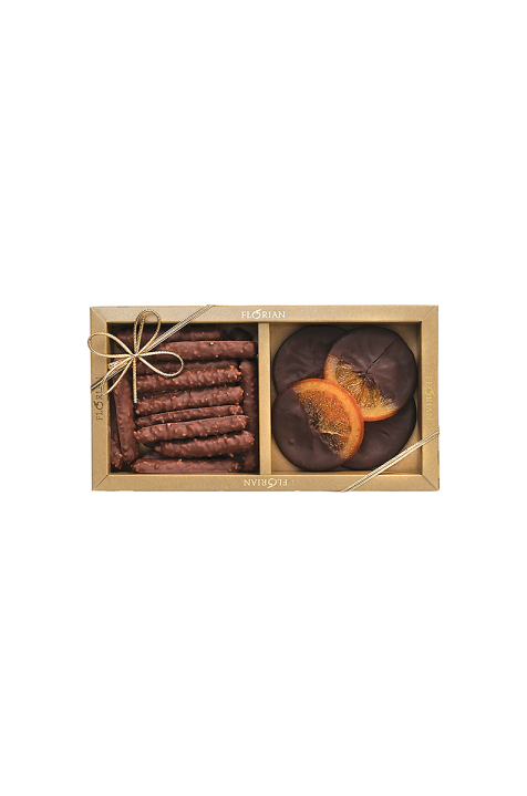Coffret duo chocolat: Tranches d'orange au chocolat et orangettes au chocolat au lait - Confiserie Florian
