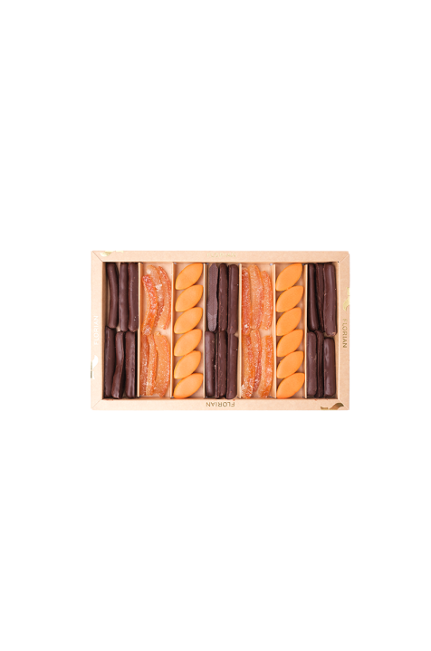 Coffret cadeau tentation à l'orange : calissons à l'orange, écorces d'orange au sucre, écorces d'orange au chocolat noir - Confiserie Florian