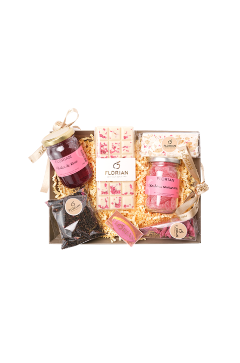 Panier gourmand de spécialité à base de rose - rose cristallisée - bonbon à la rose - thé à la rose - Confiserie Florian