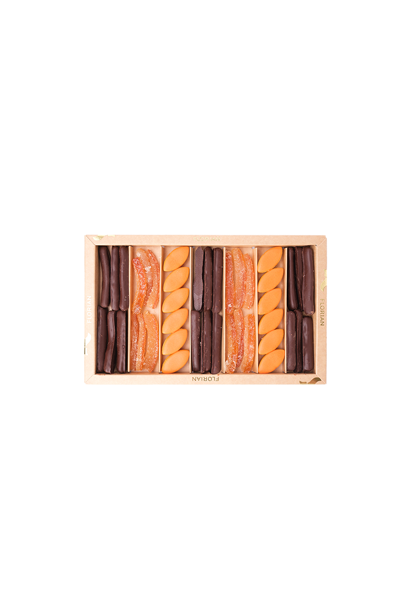 Coffret cadeau tentation à l'orange : calissons à l'orange, écorces d'orange au sucre, écorces d'orange au chocolat noir - Confiserie Florian