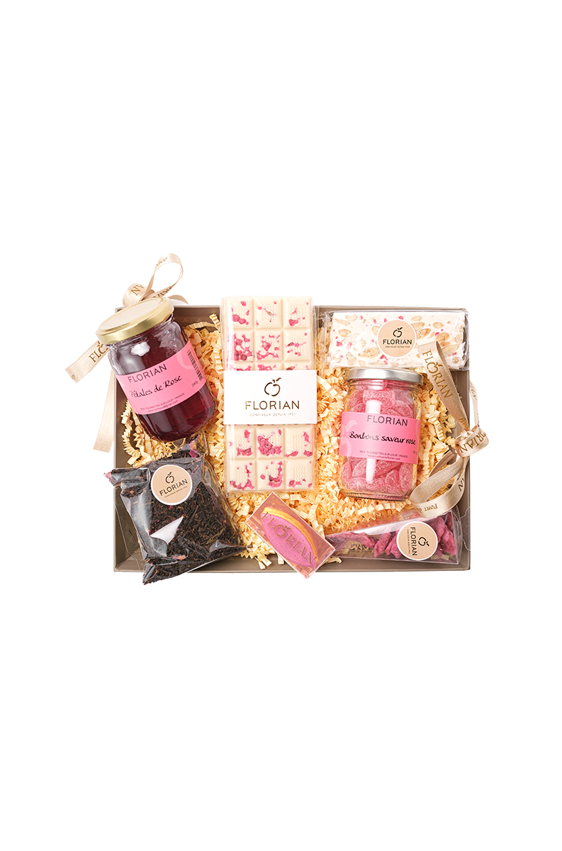 Panier gourmand de spécialité à base de rose - rose cristallisée - bonbon à la rose - thé  à la rose - Confiserie Florian